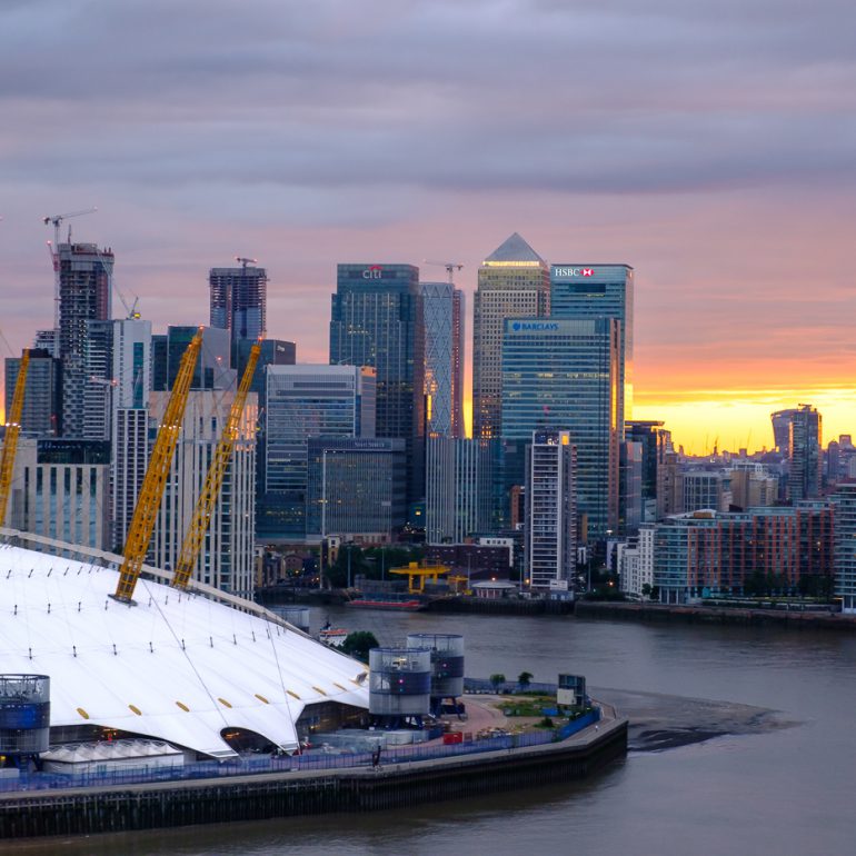 Sunset at the O2 and Canary Wharf - London